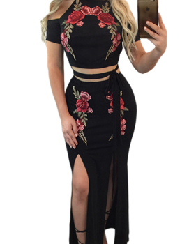 Trendy Round Neck Short Sleeves Embroidery High Split Black Qmilch Two-piece Skirt Set