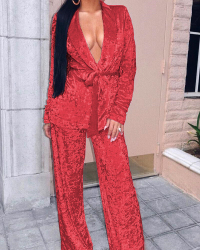 Trendy V Neck Lace-up Red Velvet Two-piece Pants Set