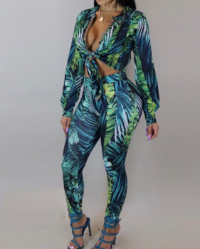 Trendy V Neck Printed Green Polyester Two-piece Pants Set