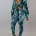 Trendy V Neck Printed Green Polyester Two-piece Pants Set