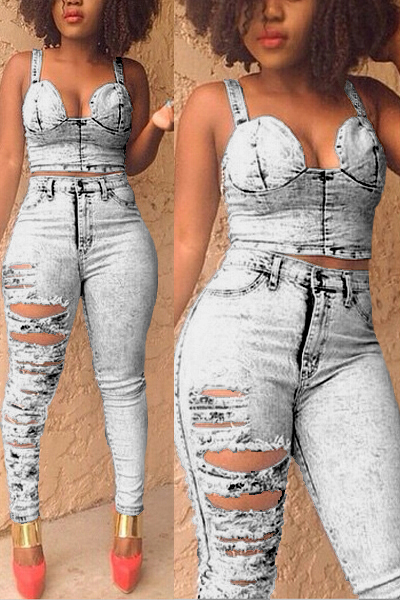 Trendy V Neck Sleeveless Broken Holes Grey Denim Two-piece Pants Set