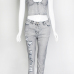 Trendy V Neck Sleeveless Broken Holes Grey Denim Two-piece Pants Set