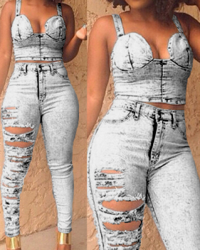 Trendy V Neck Sleeveless Broken Holes Grey Denim Two-piece Pants Set