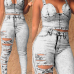 Trendy V Neck Sleeveless Broken Holes Grey Denim Two-piece Pants Set