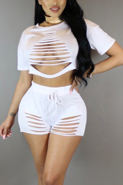 White Cotton Blend Shorts Solid O neck Short Sleeve Sexy Two Pieces